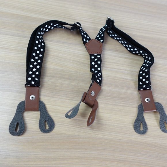 Suspender Boy Black White Button Leather Y Back Adjustable Strap Stretch Star - Picture 1 of 5